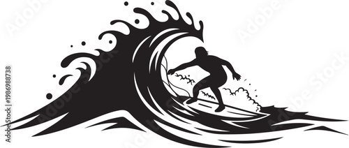 Surfing wave, surfer silhouette, black vector icon, sports graphic