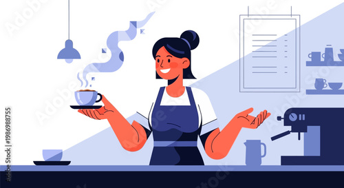 Woman serving coffee in a cafe.