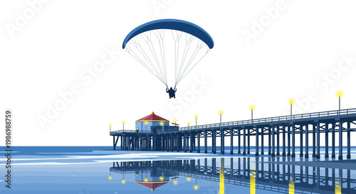Paraglider Descends Over Serene Ocean Pier Reflections