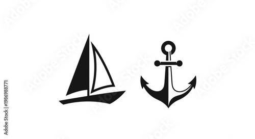Nautical Symbols Sailboat And Anchor Black Icons On White Background