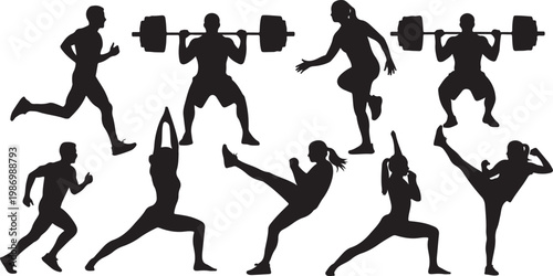 Fitness, exercise, workout, silhouette icons, 8 black vector graphics, athletic poses, sports illustrations