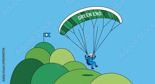 Paraglider Descends Towards Green Destination With Success Flag Flying High