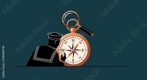 Naval Navigator Inspecting Vintage Compass With Magnifying Glass