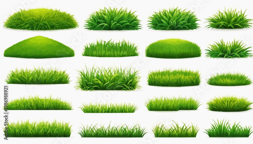 Lush green grass patches vector set, isolated on white background.
 