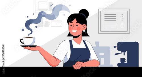 Woman serving steaming hot coffee cup.