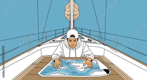 Navigator Studying Map On Yacht Deck Planning Adventure Expedition