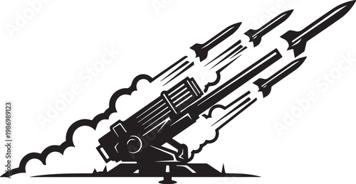 Military missile launcher, rocket launch pad, anti-aircraft defense, black silhouette vector