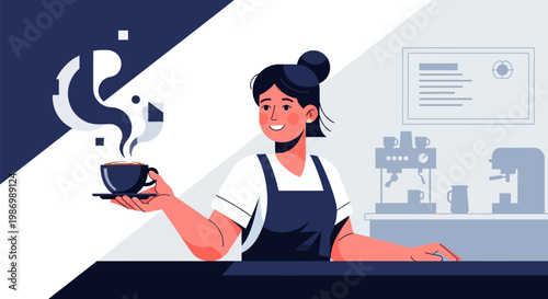 A smiling woman holding a steaming cup of coffee.