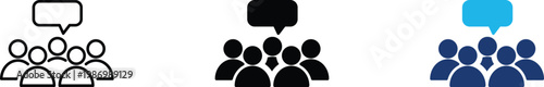 Public discourse icon showing professional group feedback and collective community messaging. Professional illustration for public opinion surveys, and stakeholder consultation meetings.