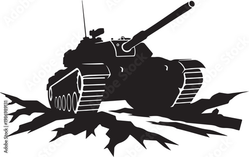 Black tank silhouette, military vehicle icon, armored warfare symbol, destructive power graphics
