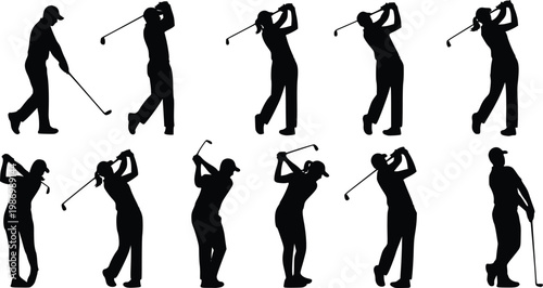 Golf players swing silhouettes set with dynamic golf action poses vector illustration collection