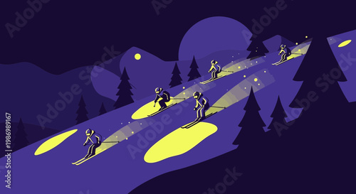 Night Skiing Adventure Through Illuminated Snowy Slopes