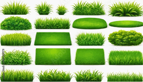 Lush green grass patches vector set, isolated on white background.
 