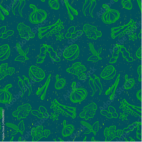 Seamless Pattern of Spices and Herbs on GreenBackground, Hand Drawn Food Illustration