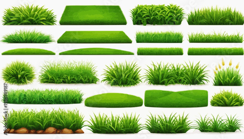 Lush green grass patches vector set, isolated on white background.
 