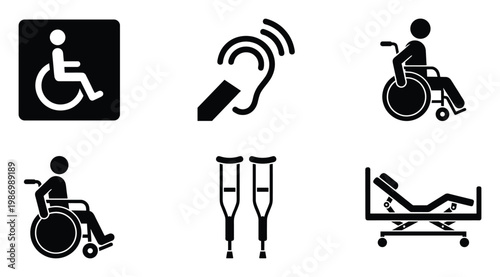 Essential icons representing disability, mobility aid, and accessibility for public services and medical facilities signage and communication.