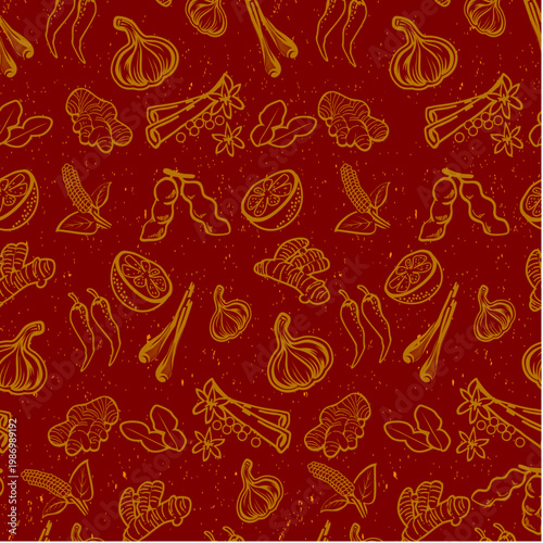 Seamless Spice Pattern with Hand Drawn Herbs and Ingredients, Warm Red Background, Culinary Texture for Food Packaging