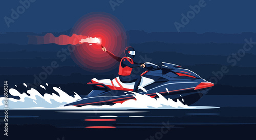 Nighttime Jet Ski Rider Signals Distress With Burning Flare