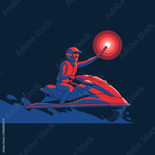 Nighttime Jet Ski Rider Signals With Bright Flare Under Starry Sky