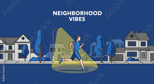 Nighttime Jogger Illuminated By Streetlight In A Quiet Suburban Neighborhood