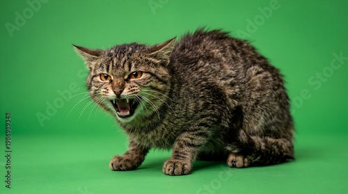 An aggressive tabby cat hissing on a green screen background.