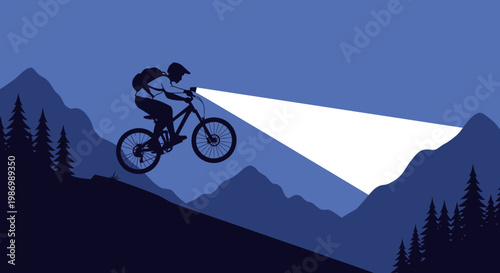 Nighttime Mountain Biker Descends a Steep Slope With Powerful Headlight