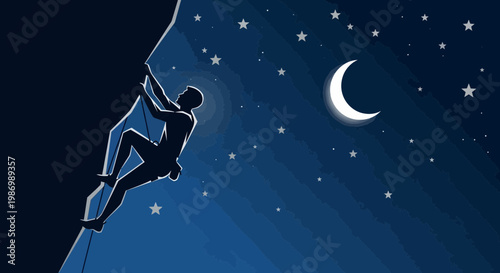 Nighttime Mountain Climber Silhouette Ascending Under Crescent Moon