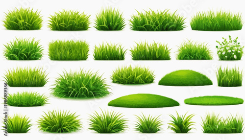 Lush green grass patches vector set, isolated on white background.
 