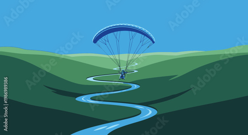 Paraglider Soaring Above Serpentine River Through Verdant Hills