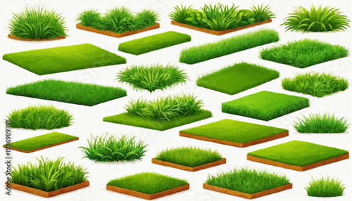 Lush green grass patches vector set, isolated on white background.
 