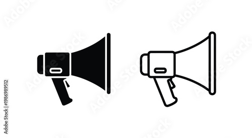 Two black silhouette illustrations depict vintage style megaphone communication devices