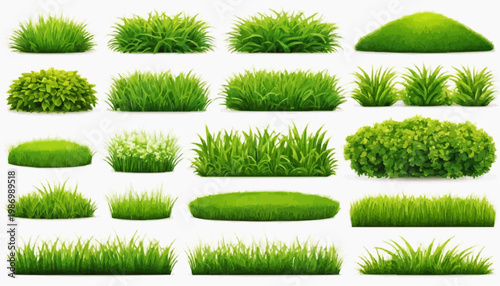 Lush green grass patches vector set, isolated on white background.
 