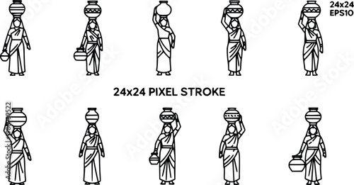 Indian women carrying water jars line icon 24x24 px editable stroke vector cultural lifestyle symbol
