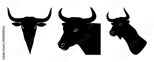 bull icon set with solid black bull head silhouette on white background featuring stock, market, bullish with finance and icon