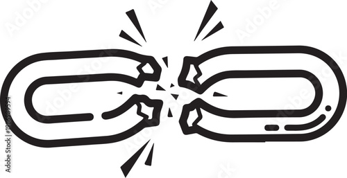Shattered chain link, broken chain icon, cracked metal symbol, fractured connection