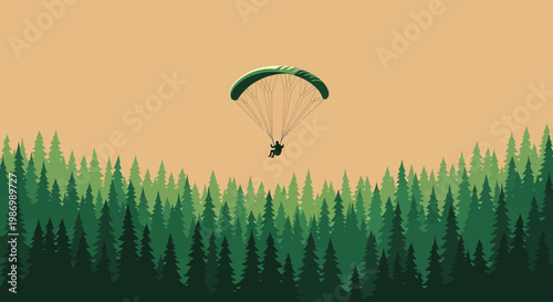 Paraglider Soaring Over Lush Green Forest Canopy