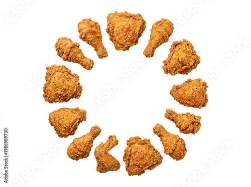 top view of fried chicken pieces arranged in circular layout isolated on clean background food photography composition