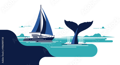 Oceanic Adventure Yachting Beside Whale Tail Splash Minimalist Design