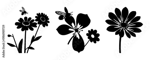 Bee-friendly garden flower set with solid black icon silhouette on white background featuring bee, pollination, flowering plant with botanical and insect symbols