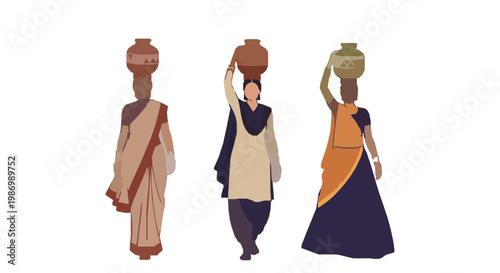 Minimal Indian rural women carrying jars on head vector illustration traditional lifestyle isolated on white