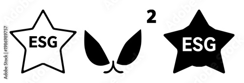 ESG environmental rating star vector icon set with solid black design featuring a star symbol, leaf, and circular arrows representing sustainability and eco-friendliness