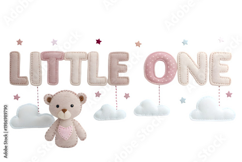 Cute 3D felt little one text with teddy bear and clouds for baby announcement isolated on transparent background