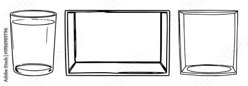 Aesthetic glass box set with black line art over a white background featuring geometric design, minimalist illustration, transparent enclosure with focus on simplicity and purity