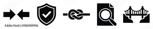 Versatile black glyph icons representing communication protection problem solving research and bridging gaps for technology and business solutions