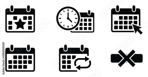 Universal calendar and scheduling icons for planning important dates, managing time, and making appointments in digital interfaces.