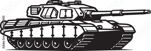 Military tank, black and white illustration, vector graphic, combat vehicle