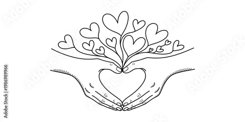 Hand drawn illustration of two hands forming a heart shape with many hearts growing from them.