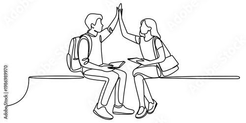 Continuous line drawing of two students sitting on a bench giving each other a high five celebration.