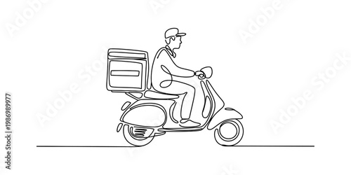 Continuous line drawing of a delivery man riding a scooter with a large cargo box on the back
