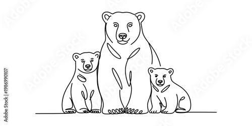 Continuous one line drawing of a polar bear mother with her two cute cubs sitting together